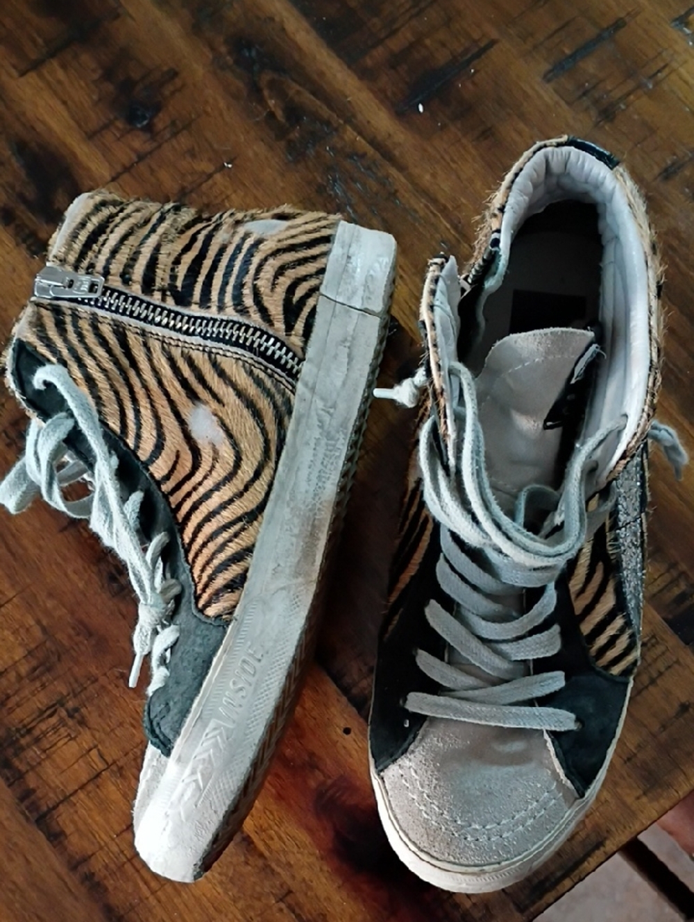 GGDB High-Top Sneakers in Beige, Black & Tan Zebra - Picture 2 of 6